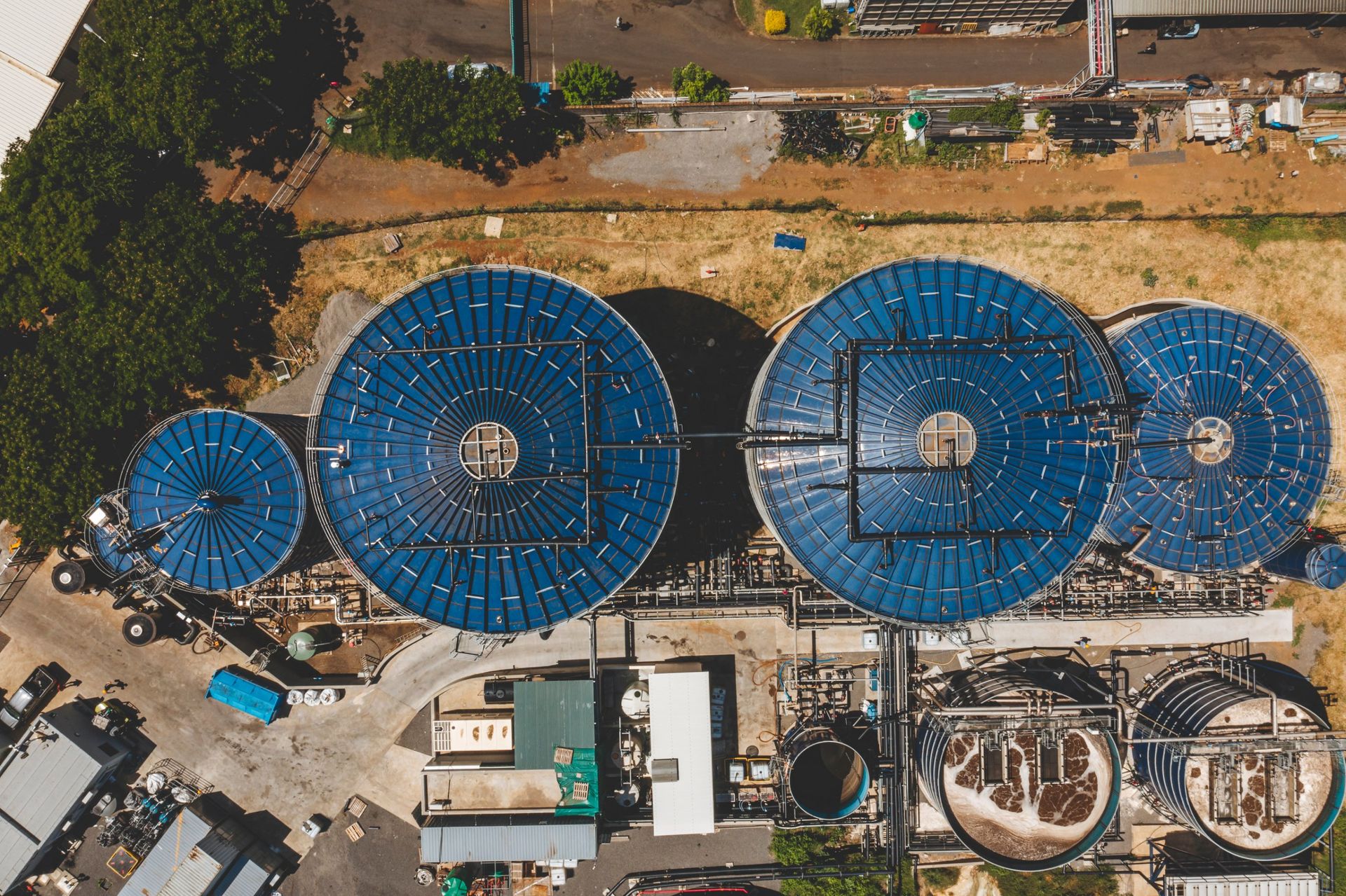 Top-down view of digesters and biological treatment tanks at EDM, Mauritius